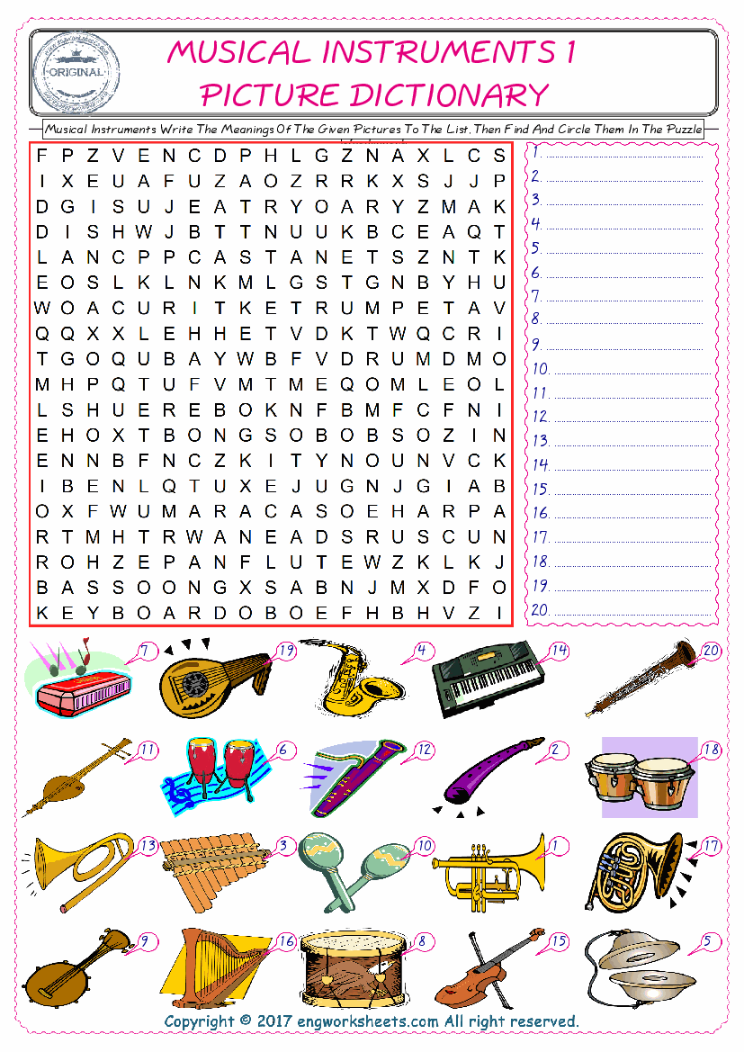  For kids, check the picture of Musical Instruments find, and write the word and find it in the word puzzle ESL printable worksheet. 